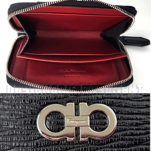 SALVATORE FERRAGAMO black Leather ID window Metal GANCINI Logo zip around wallet - Picture 3 of 6